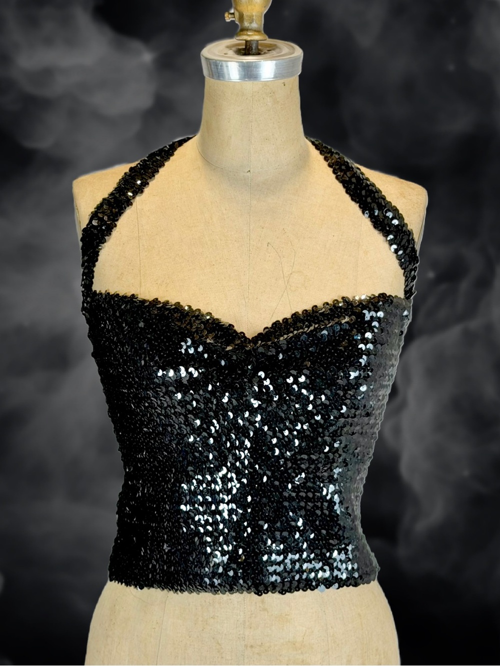 VINTAGE sequin party top halter stretchy black glam bling sparkle club disco